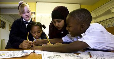Pupils at Raynham primary school, north London who are part of the Raynham Runners team. Photograph: Graham Turner